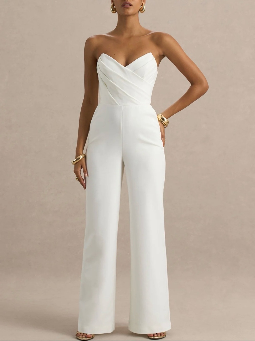 Club L London Ivory Strapless Draped Jumpsuit